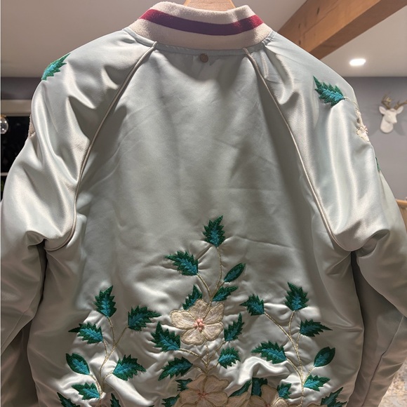 Anthropologie White and Green Embroidered Bomber Jacket - Picture 2 of 4